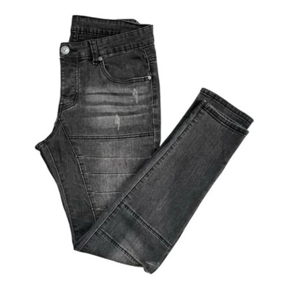 Men's Black Distressed Moto Biker Skinny Jeans Faded Paneled Slim Fit Sz M Good+